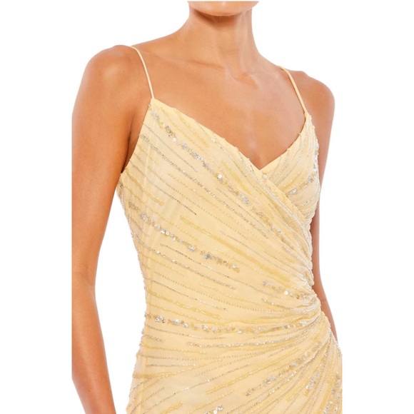 Mac Duggal beaded sequin detail yellow slit spaghetti strap gown dress - Picture 2 of 3